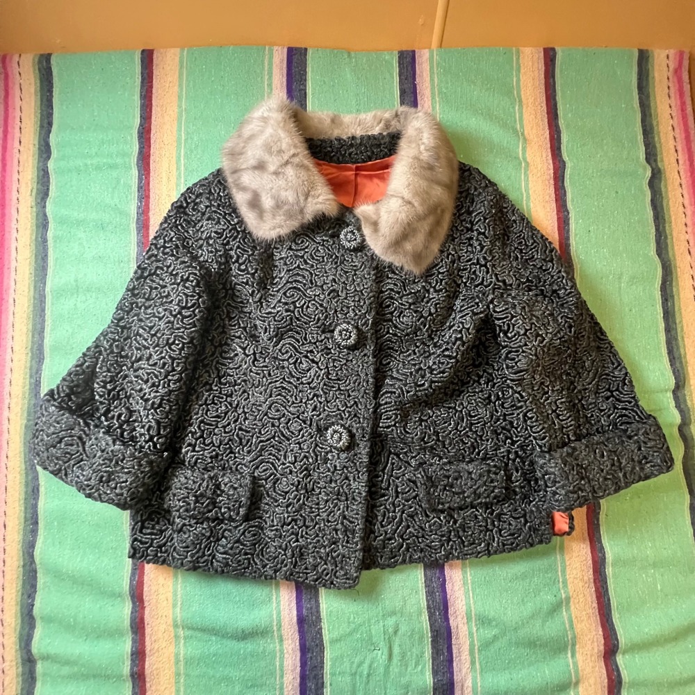 Astraka Lepshire Coat Womens M Grey 50s Persian Lamb Real Mink Collar Vintage
